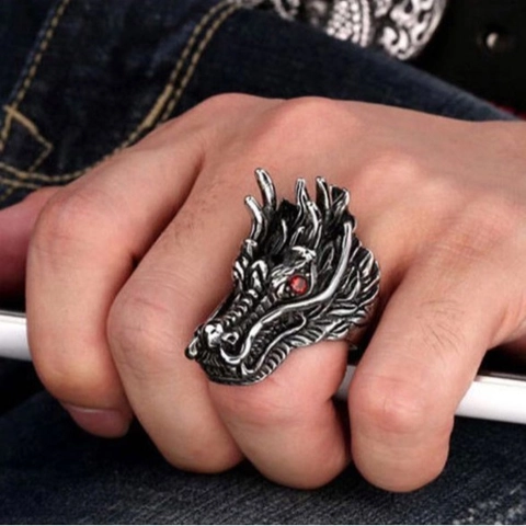 Dragon Head Ring Retro Silver Alloy Red Rhinestone Eyes Punk Gothic Mythical Style For Men