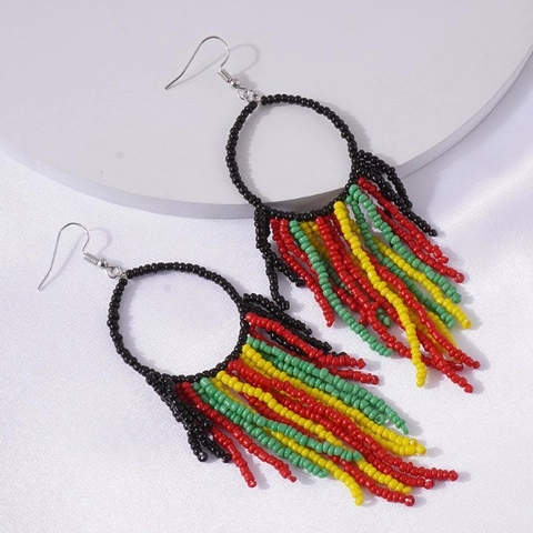 Bohemian Ethnic Seed Bead Hoop Tassel Earrings For Women Reggae Style Alloy Hook Colorful Long Dangle