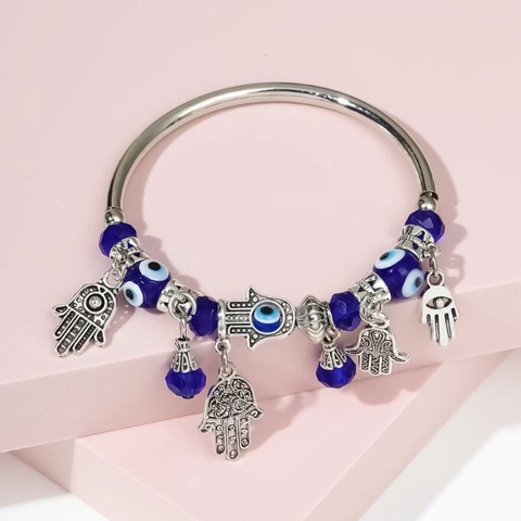Brazalete De Amuleto Mano De Hamsa Ojo Turco Aleación Plateada Cuentas Azules Estilo Bohemio Étnico Pulsera Para Mujer