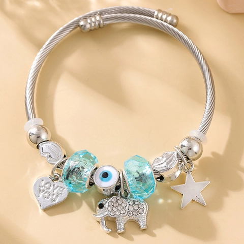 Fashion Alloy Charm Bangle Bracelet For Women Rhinestone Enamel Elephant Heart Evil Eye Adjustable Beaded Bangle Jewelry Gift