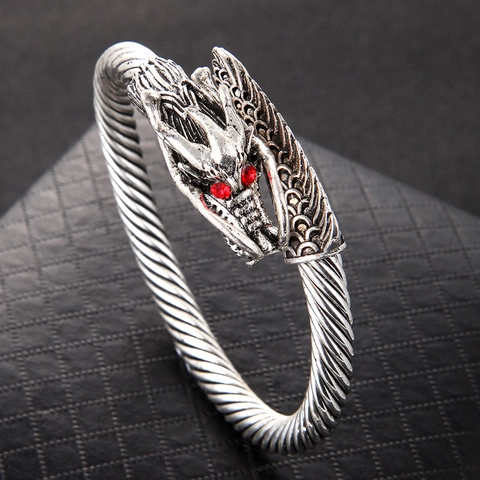 Vintage Dragon Head Cuff Bracelet Men Alloy Twisted Cable Open Bangle With Red Rhinestone Eyes Antique Silver Punk Style