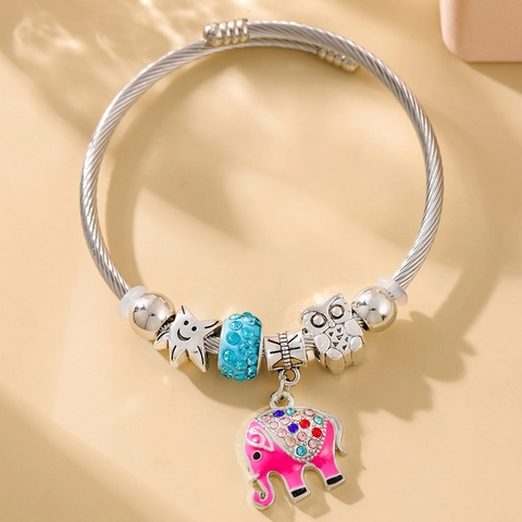 Fashion Alloy Charm Bangle Bracelet For Women Rhinestone Enamel Elephant Heart Evil Eye Adjustable Beaded Bangle Jewelry Gift