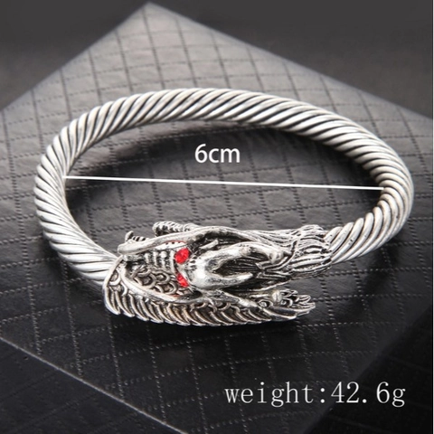 Vintage Dragon Head Cuff Bracelet Men Alloy Twisted Cable Open Bangle With Red Rhinestone Eyes Antique Silver Punk Style
