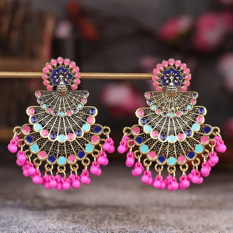Boucles D Oreilles Pendantes Éventail Paon Alliage Émail Ethnique Bohème Perles Goutte Pour Femmes