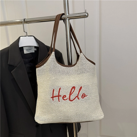 Γυναικεία Casual Ψάθινη Τσάντα Tote Με Κέντημα Hello Δερμάτινη Λαβή Μεγάλη Χωρητικότητα Καλοκαιρινή Παραλία Ώμου