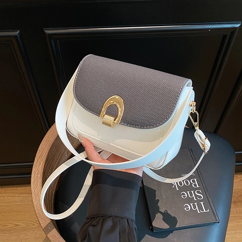 Women Vintage PU Leather Crossbody Bag Color Block Small Square Shoulder Bag With Horseshoe Buckle Trendy Daily