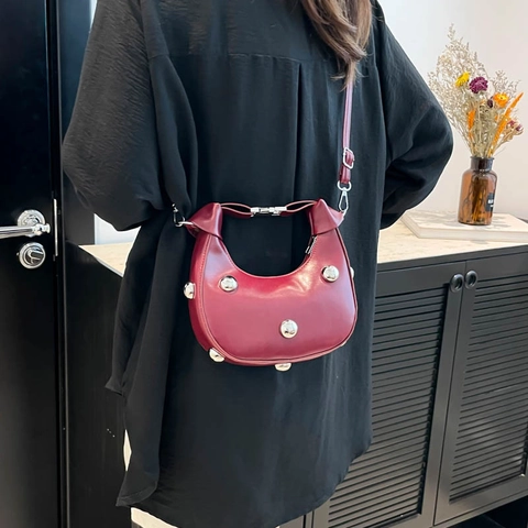 Bolso de Hombro de Moda para Mujer con Remaches Nailon Media Luna Hobo Bandolera Color Sólido Minimalista Urbano Bolso de Mano Versátil