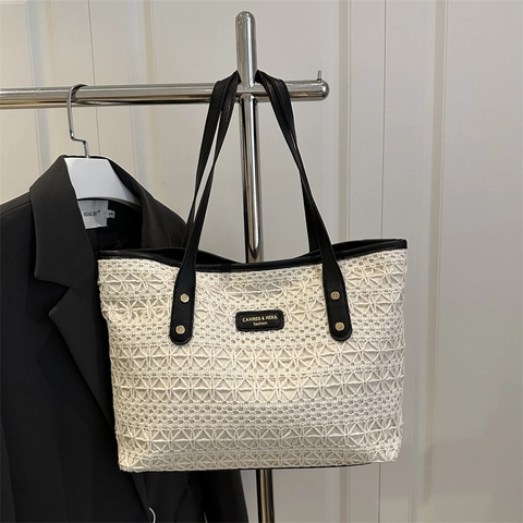 Borsa Tote da Donna Intrecciata con Intagli Floreali in Pizzo all'Uncinetto Tracolla Grande Capacità Estate Spiaggia Vacanza Moda Pendolare