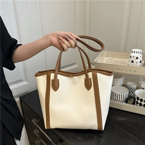 Bolso Tote Para Mujer Gran Capacidad Cuero PU Color De Contraste Retro Elegante Minimalista Bolso De Hombro Para Uso Diario Oficina