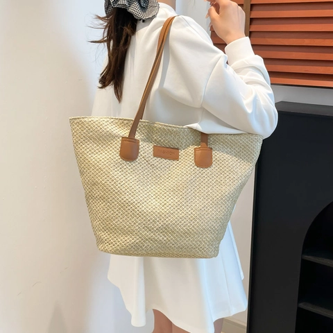 Sac Cabas en Paille de Grande Capacité pour Femmes Été Plage Sac à Épaule Minimaliste Décontracté Sac à Main de Vacances