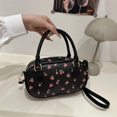 Borsa a Mano da Donna in Pelle PU con Stampa Ciliegie Mini Borsa a Bauletto con Tracolla Regolabile per Uso Quotidiano