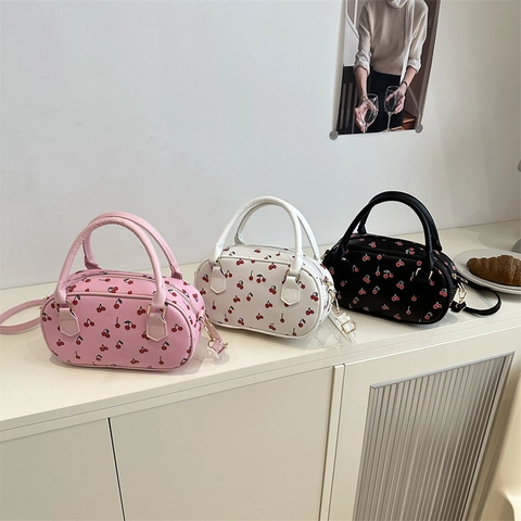 Borsa a Mano da Donna in Pelle PU con Stampa Ciliegie Mini Borsa a Bauletto con Tracolla Regolabile per Uso Quotidiano