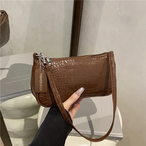 Damen Baguette Tasche PU Leder Krokodil Muster Unterachsel Umhängetasche Retro Mode Handtasche Mit Dekorativem Anhänger