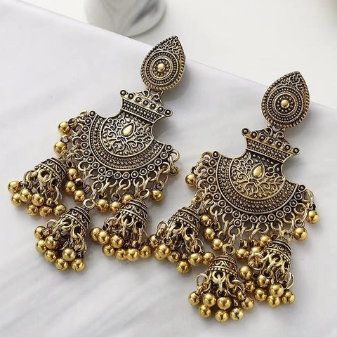 Vintage Bohemian Alloy Jhumka Σκουλαρίκια Ethnic Σκαλιστά Hollow Bell Tassel Κοσμήματα Για Γυναίκες
