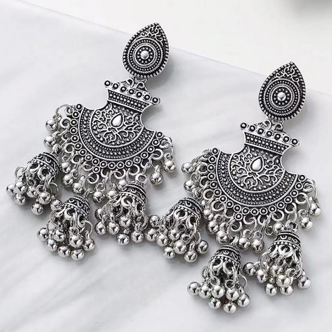 Vintage Bohemian Alloy Jhumka Σκουλαρίκια Ethnic Σκαλιστά Hollow Bell Tassel Κοσμήματα Για Γυναίκες