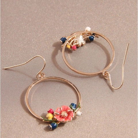 Bloem Ronde Hoop Hangoorbellen Legering Emaille Bloemen Haak Vintage Pastoraal Sieraden Voor Vrouwen