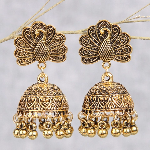 Vintage Peacock Jhumka Bell Earrings Alloy Ethnic Tassel Hollow Heart Statement Jewelry For Women Retro Style