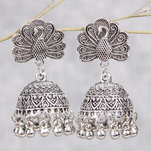 Vintage Peacock Jhumka Bell Earrings Alloy Ethnic Tassel Hollow Heart Statement Jewelry For Women Retro Style