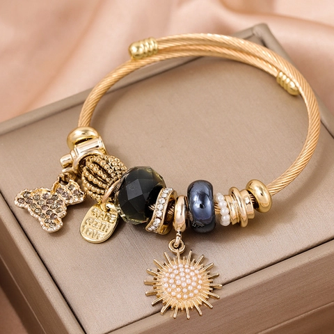 Twisted Cable Wire Armband Edelstahl Bär Sonnenblume Strass Anhänger Goldton Mode Schmuck Für Damen
