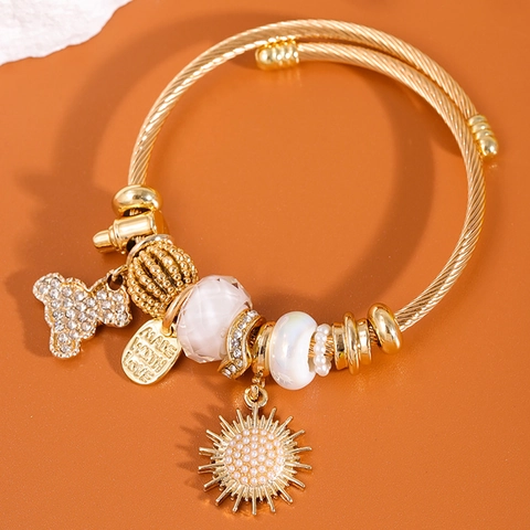Twisted Cable Wire Armband Edelstahl Bär Sonnenblume Strass Anhänger Goldton Mode Schmuck Für Damen