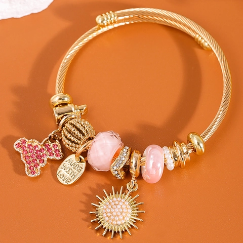 Luxe Goud Roestvrij Staal Legering Beer Zonnebloem Bedelarmband Voor Dames Strass Kunstparel Gedraaide Kabel Armring