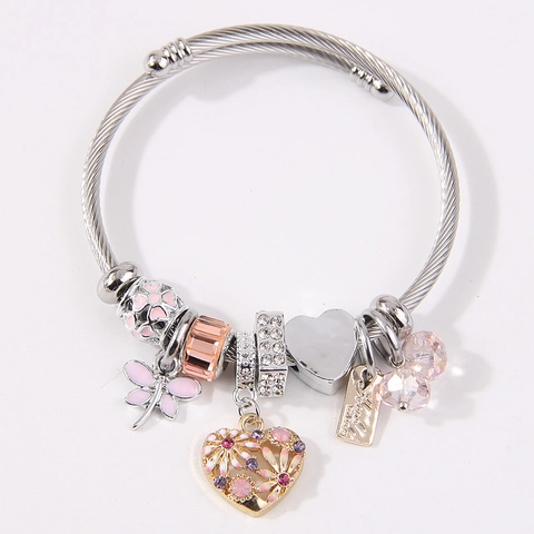 Brazalete De Acero Inoxidable Con Charms De Esmalte Libélula Corazón Alambre Retorcido Puño Abierto Cuentas Cristal Elegante
