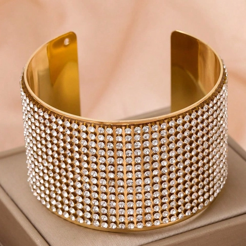 Elegante Brazalete De Puño Ancho Aleación Diamantes De Imitación Brillantes Pulsera Abierta Para Mujer Joyería Boda