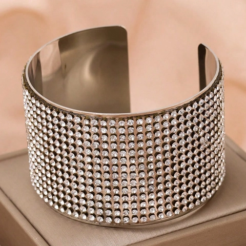 Elegante Brazalete De Puño Ancho Aleación Diamantes De Imitación Brillantes Pulsera Abierta Para Mujer Joyería Boda