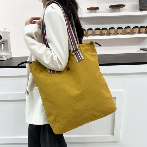Grote Capaciteit Canvas Tote Tas Voor Dames Met Gestreepte Webbing Handgreep Trekkoordsluiting Casual School Reizen Schoudertas