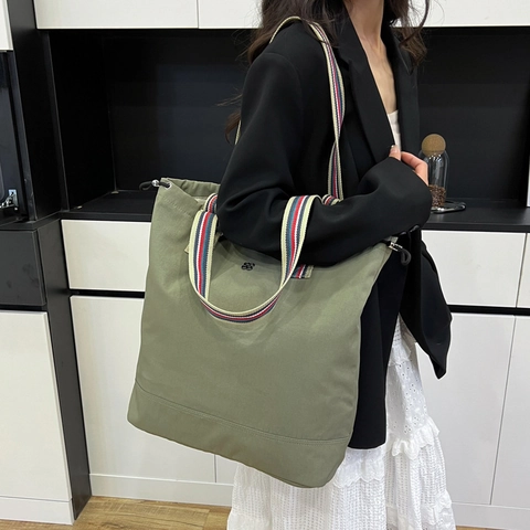 Grote Capaciteit Canvas Tote Tas Voor Dames Met Gestreepte Webbing Handgreep Trekkoordsluiting Casual School Reizen Schoudertas