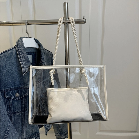 Women Large Capacity Transparent PVC Tote Bag With White Cotton Rope Handle And Inner Pouch Urban Minimalist Clear Shoulder Bag
