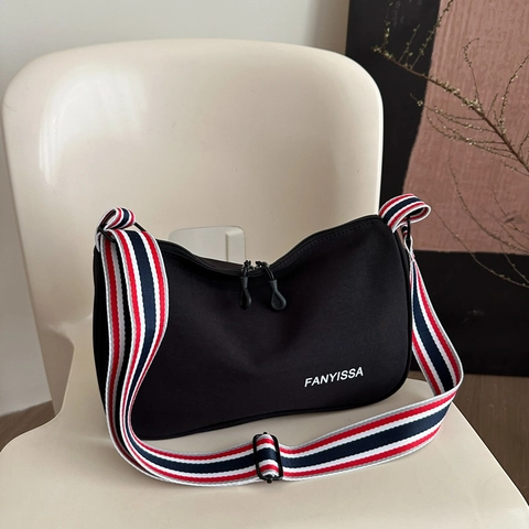 Canvas Crossbody Bag For Women Wide Striped Strap Letter Print Casual Lightweight Shoulder Bag Simple Summer Style