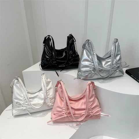 Sac Fourre-Tout Femme à la Mode Nœud Papillon Froncé Grande Capacité Cuir PU Sac à Épaule Tendance Commuting Main