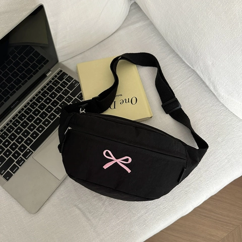 Elegante Borsa a Tracolla in Nylon Con Ricamo a Fiocco per Donna Dolce Borsa a Tracolla Casuale Marsupio Moda Versatile per Tutti i Giorni