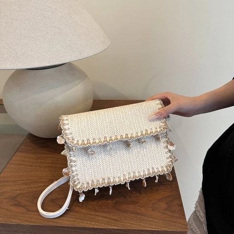 Bohemian Straw Woven Crossbody Bag For Women Handmade Shell Tassel Flap Small Square Beach Summer Shoulder Bag Vacation