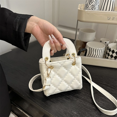 Quilted Mini Handbag For Women PU Leather Crossbody Bag With Top Handle Rhombus Pattern Elegant Fashion Small Square Bag