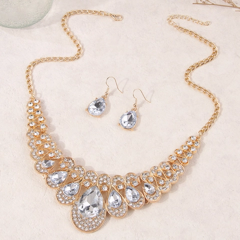 Set Gioielli Collana E Orecchini Lega Strass Pietra Preziosa Sintetica Goccia D Acqua Lusso Banchetto Per Donne