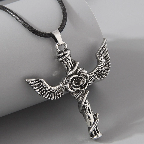 Gothic Vintage Cross Pendant Necklace With Wings And Rose Zinc Alloy Relief Jewelry For Men Women