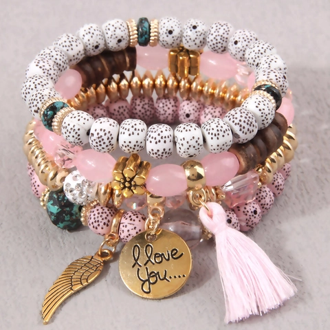 Bracciale Di Perline Multistrato Bohemien Lega Ali Nappina Cuore Ciondoli Gioielli Etnici Per Donna