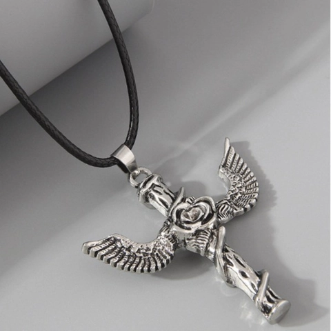 Gothic Vintage Cross Pendant Necklace With Wings And Rose Zinc Alloy Relief Jewelry For Men Women
