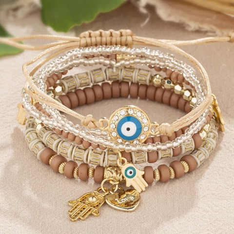 Bohemian Alloy Beaded Multi-layer Bracelet Set With Evil Eye Hamsa Hand Heart Love Pendant Adjustable Braided Rope Jewelry For Women Vacation Daily Wear