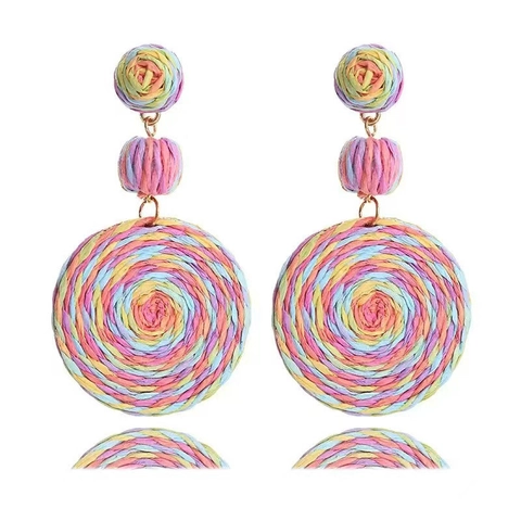 Bohemian Hand Woven Straw Drop Earrings For Women Geometric Round Circle Tropical Beach Vacation Jewelry With Earring Post