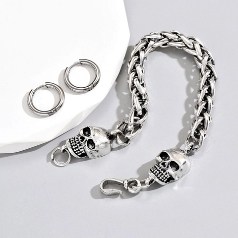 Men Titanium Steel Jewelry Bracelet And Hoop Earrings Gothic Retro Skull Heavy Chain Industrial Punk Style Silver Color