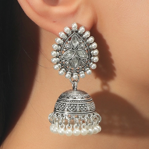 Pendientes Jhumka Étnicos Indios Campana Aleación Perla Artificial Cristal Oro Retro Estilo Corte Vintage Para Mujer