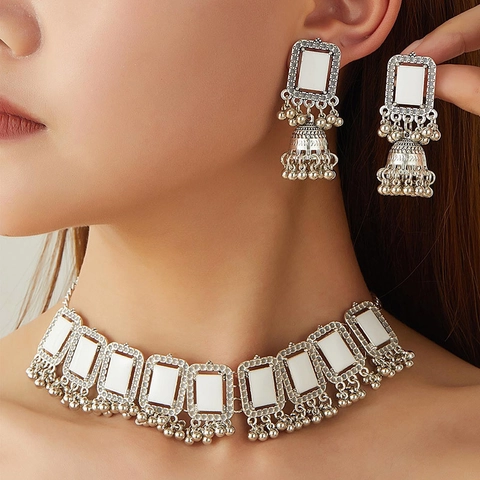 Vintage Ethnic Middle Eastern Style Zinc Alloy Geometric Square Necklace And Jhumka Bell Fringe Earrings Jewelry For Women