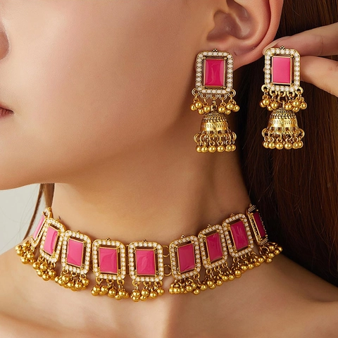 Vintage Ethnic Middle Eastern Style Zinc Alloy Geometric Square Necklace And Jhumka Bell Fringe Earrings Jewelry For Women