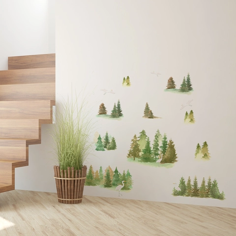 Aquarell Wald Kiefern Und Kraniche Wandsticker PVC Abnehmbar Selbstklebend Naturstil Dekor Für Wohnzimmer Schlafzimmer Home Office Wandbild Kunst