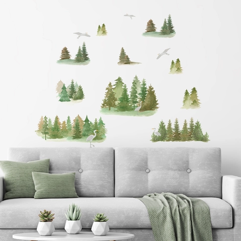 Aquarell Wald Kiefern Und Kraniche Wandsticker PVC Abnehmbar Selbstklebend Naturstil Dekor Für Wohnzimmer Schlafzimmer Home Office Wandbild Kunst
