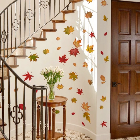 Herbst Ahornblatt Wandtattoos Mehrfarbig PVC Laub Aufkleber Für Schlafzimmer Wohnzimmer Erntedankfest Dekoration