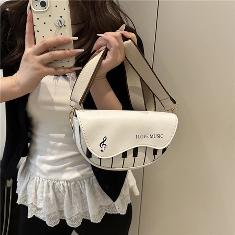 Borsa a Sella Tema Tastiera di Pianoforte da Donna in Pelle PU Stampa Musicale Borsa a Tracolla con Tracolla Larga